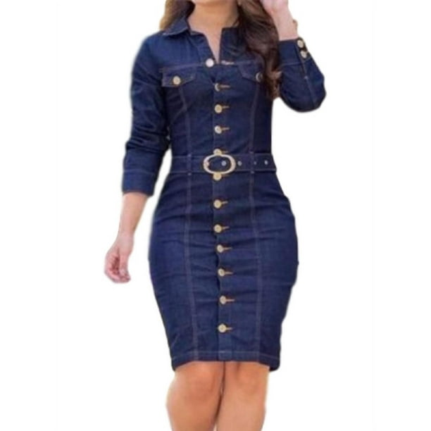Women Long Sleeve Asymmetric Dress Vintage Denim Shirt Dress Oversize Midi Dress 